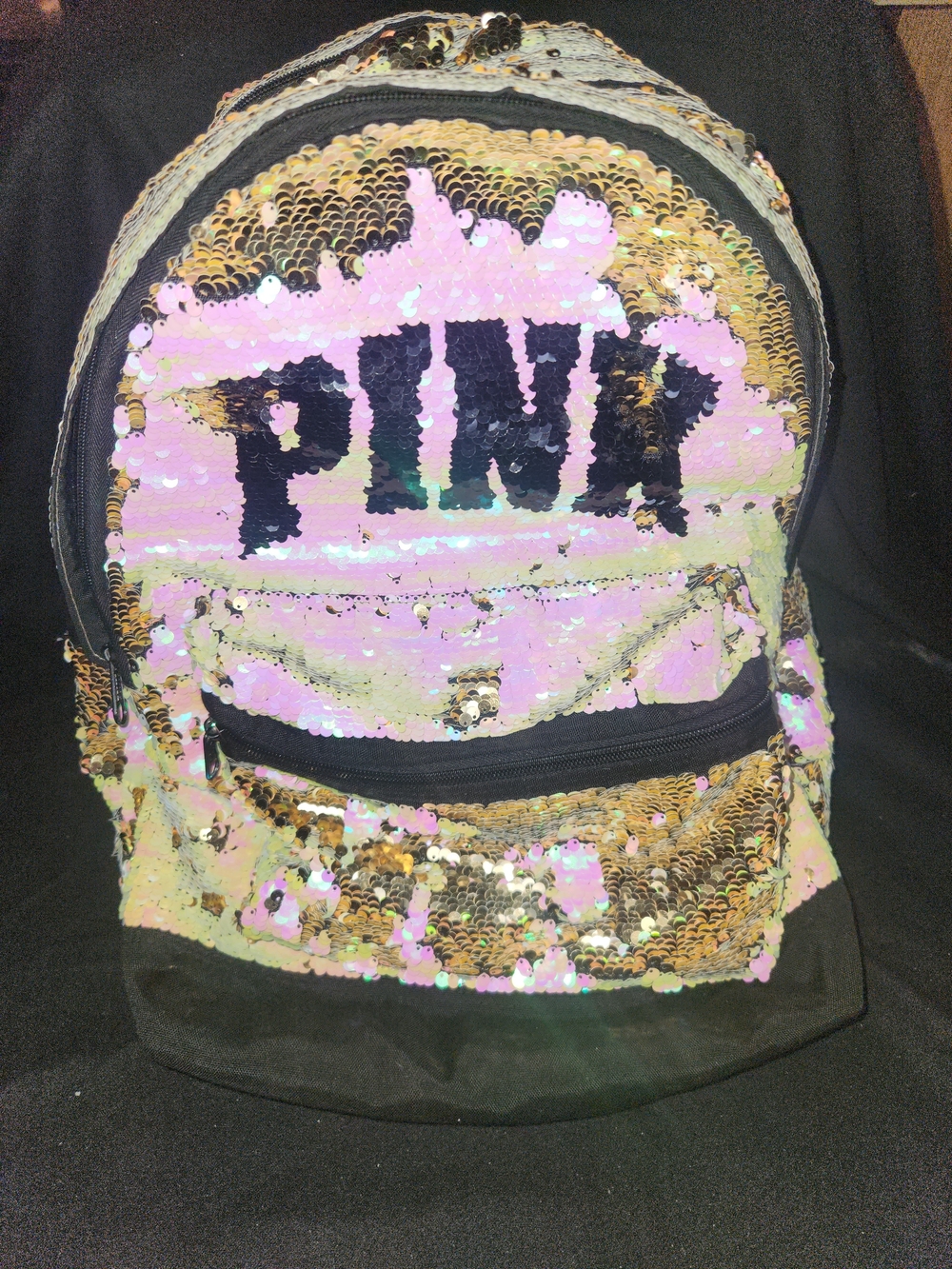 PINK Victoria's Secret Sequin Reversible Backpack - Iridescent Gold & Pink #415 - Picture 3 of 10